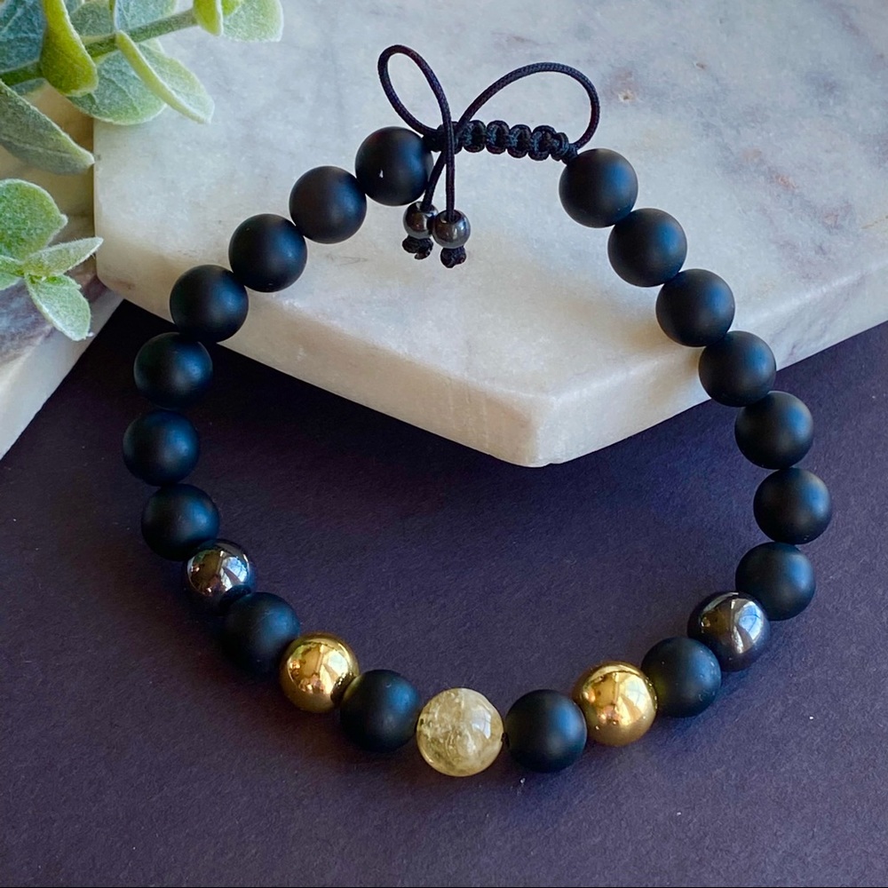 Citrine, Hematite & Black Onyx Adjustable Beaded Bracelet For Men - Picture 2 of 4